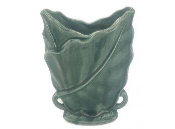 Vintage McCoy Brush 604 Pottery Leaf Vase In Teal Green, 6.25' X 3.25' X 7.75'H