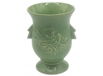 Vintage McCoy Art Deco Style Green Pottery Vase With Bird & Berry Design, 6' Diam. X 6.5' X 8.25'H