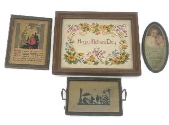 4 Pcs Framed Artwork - Mother's Day Needlepoint, 11.5' X 9.5'H, Tray Oval, Mother Plaque And Other