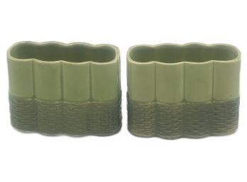 2 Pcs Pair Vintage McCoy Pottery Vase Green With Basket Weave, McCoy Vase Green Dcor, 5.75' X 2.5' X4'H