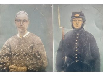 2 Pcs Large Civil War Era Tin Types, Soldier & Woman, Each 7' X 10'