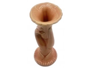 Vintage Unmarked McCoy Vase Of Hand Holding Trumpet Flower, Pinkish/Salmon, 7'H