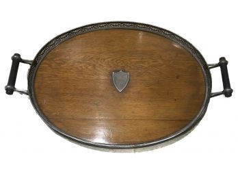 Huge Edwardian Oak And Silver Plate Presentation Tray, Reticulated, Pierced Sides And Footed