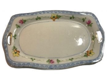 Antique Hand-Painted Nippon Japanese Porcelain Tray, Floral Design, Reticulated Handles