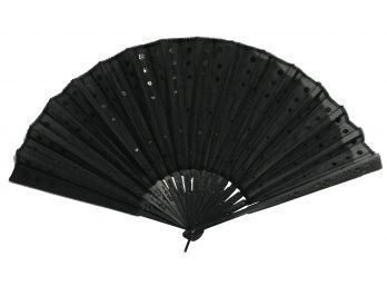 Antique Black Mourning Sequined Hand Fan With Carved Handle