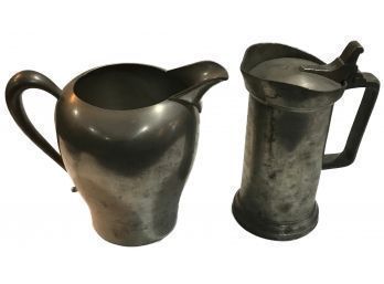 Antique Pewter Water Pitcher And Covered Liter Pitcher