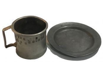 2 Pcs Antique HEAVY Pewter, Stamped Mug With Handle And Bread Plate