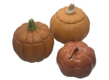 Trio Various Sizes And Colors Bisque And Ceramic Pumpkins