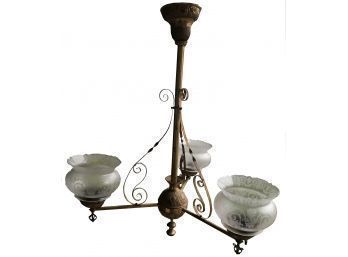 Antique 3-Lite Hanging Gas Fixture, Electrified, Beautiful Original Etched Glass Shades