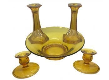 5 Pcs Mid-Centruy Modern Amber Glass, Footed Bowl, Pair Tall & Pair Short Candlestick Holders