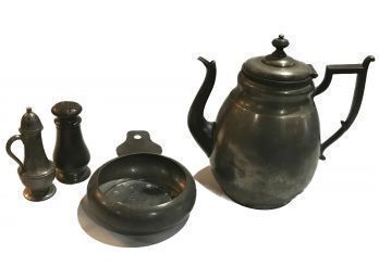 4 Pcs Antrique Pewter, Measure, 2-Shakers And Tea Or Coffee Pitcher