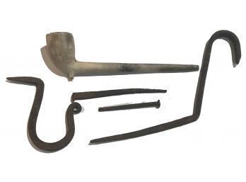 Misc. Antique Iron Hooks, Nails And Partial Clay Pipe