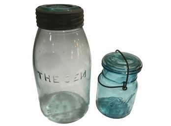 2 Vintage Canning Jars, 1-The Gem Transparent BlueWith Glass Top And Blue Green Ball With Bale Lid