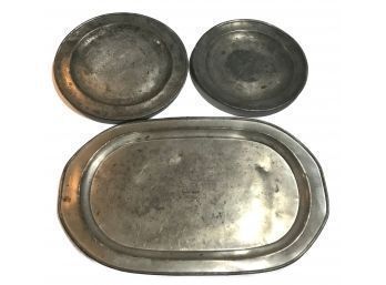 3 Pcs Antique Pewter, 2-Round Charger Plates And 1-Oval Serving Platter