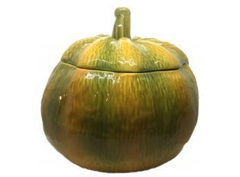 Made In Portugal VIntage Ceramic Pumpkin Soup Tureen, Yellows And Greens