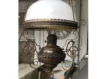 Antique Brass Hanging General Store Lantern With Milk Glass Shade