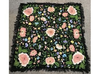 Gorgeous Antique Hand-Embroidered 50' Sq Fringed Table Scarf, Vibrant Colors!