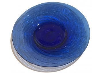 Hand-Blown Transluscent Blue Swirl Plate With Seed Bubbles And Pontil