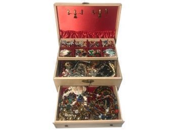 Large Lot Of Varied Costume Jewelry In Vintage Jewelry Box