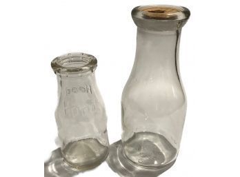 2 Vintage Clear Glass Milk Or Cream Bottles, 1-Hood 1/2 Pint, 1-Canadian Watery Servey Pint