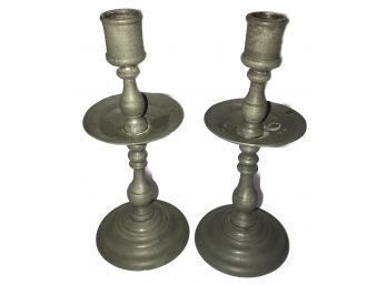 Antique Matching Pair Of Pewter Candlesticks