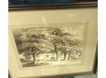 18thC Dutch Pen & Ink Drawing 'Farmhouse Under Trees', Framed, 17.5'W X 14.75'H