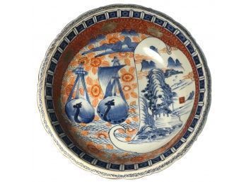 Exquisite Antique Japanese Imari 10' Diam. Bowl With 2 Dragon Ships, Mountains, Flowers & Bamboo