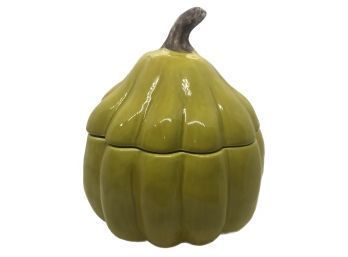 Crate & Barrel Ceramic Fall Covered Yellow Pumpkin Gourd Cookie Jar