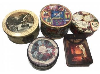 Vintage Group Of 5 Christmas Holiday Lithograph Advertising Tins Various Sizes, Shapes And Brands