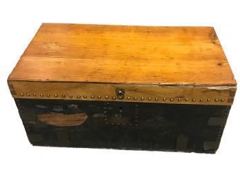 Antique Diminutive Flat Pine Trunk Covered In Leather With Brass Nail Heads