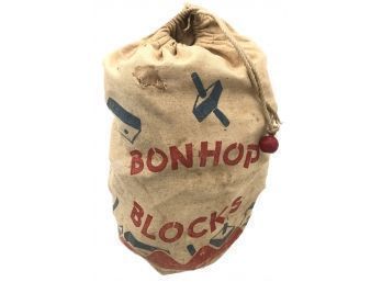 Vintage Set Of BONHOP Wooden Children's Building Blocks In Canvas Bag