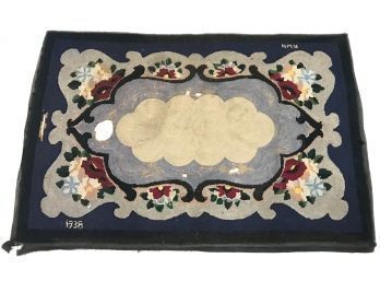 1938 Hand Made Hook Rug With Cobalt Board And Floral Design