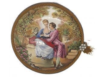 Vintage Italian Porcelain Top Velvet Lined Dresser Box With Courting Scene (Transfer Decal)