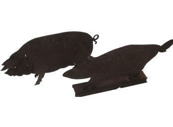 Vintage Pair Of Similar Rustic Iron Standing Garden Swine Or Kitchen Pigs