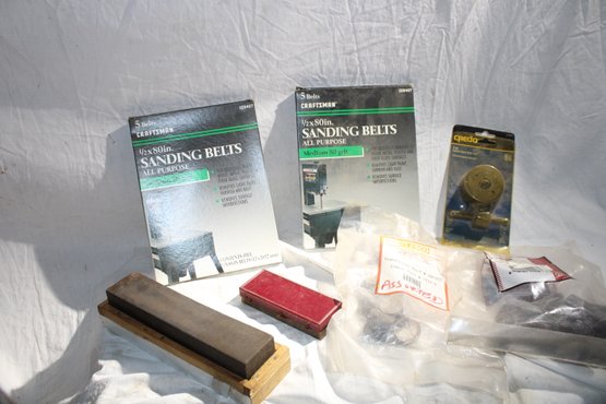 Lot Of Sanding Belts, Sanding Drums (various Sized), 2 Knife Sharpeners, Carbon Steel Hole Saw