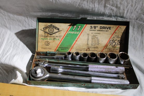 Vintage Thorsen 3/8 Drive Socket Wrench Set In Orig Metal Box With Info