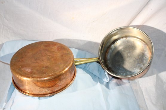 3 Copper Plated Cooking Pans -Brass Handles,  Need Cleaning But Sturdy And Colorful- Frying Pan &2 Pots