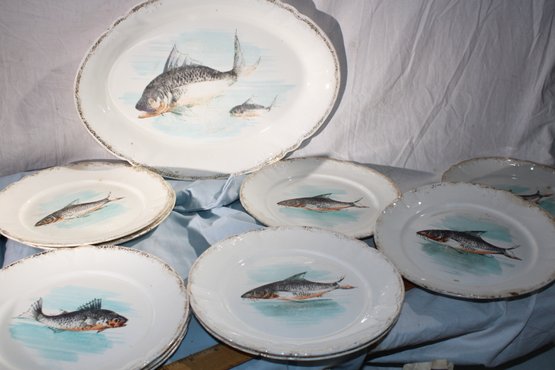 Vintage / Antique Fish Plates- 1 Platter, 7 Plates - Some Damage But These Are Cool.