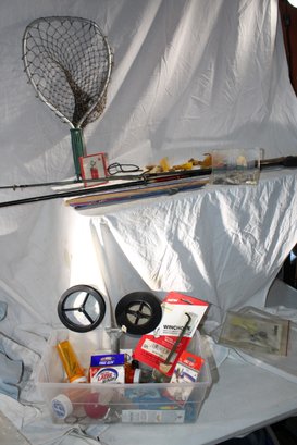 2 Fishing Poles, Audubon Bird Call, All Sorts Of Vintage/new Lures & Assorted Accessories,wgts, Net Etc