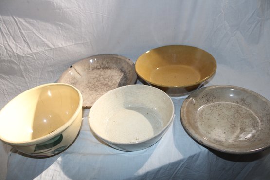 5 Pottery/ Earthenware Or Stoneware Bowls/ Plate, Some Appear Primative- Some Named, See Pics