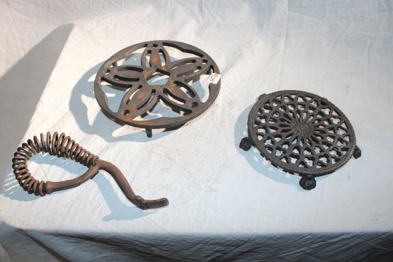 Antique Arctic Spring Lifter Handle-cast Iron, 2 Cast Iron Trivets - 1 Brazilian Made Tripod Style, 1-5 Footed