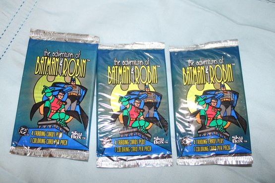 1995 DC SKYBOX - *the Adventures Of BATMAN & Robin* - 3 Unopened Foil Packs,  4 Trading Cards, 1 Coloring Card
