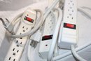 5 Extension Cords, QVS Surge/Spike/EMIRFI E115193, Power Sentry Model #134 Full Surge Protector, 3 Others