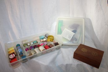 Sewing, Craft Lot With A Lovely Wooden Box With Delicate Metal Inlay