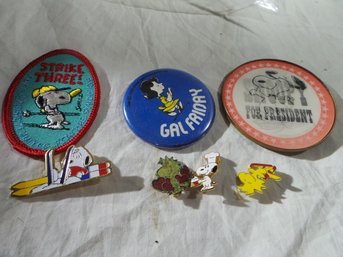 Rare & Very Collectible Vintage - 7 Woodstock, Snoopy, Lucy  Metal And Plastic Pins, And 1958 Baseball Patch
