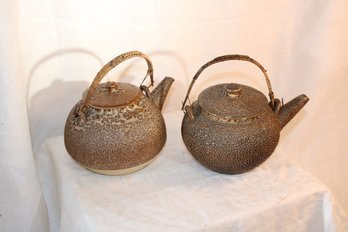 2 Vintage  Textured Teapots With Wicker/ Bamboo Handles