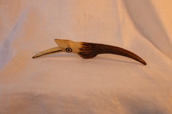 FolK Art, Antlers Carved Into Bird, Has Hole With Dowel On Underside