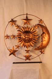 Metal Wall Hanging Art Sun Moon & Stars, 21 Inch Diameter Copper Colored