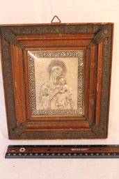 Vintage Christian Raised Relief Art Piece, Very Ornate Frame With Inlaid Lifted Metal Corners, Mary & Jesus(?)