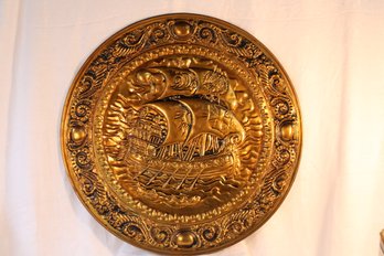 Large Brass Round Wall Hanging - Of Double Masted Historical Ship With Oars Also